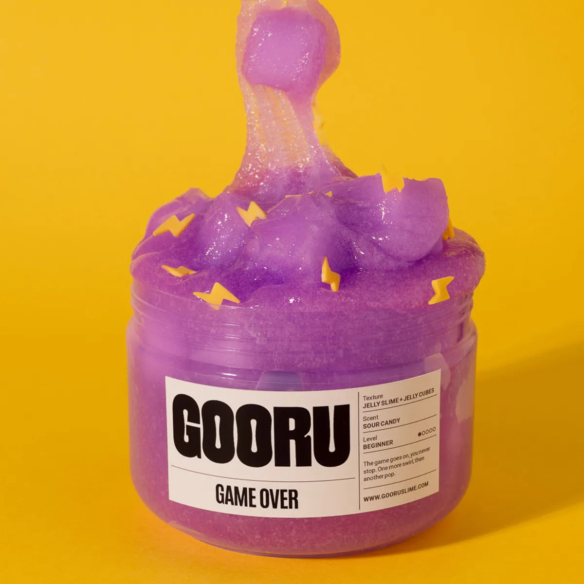 Purple slime container with a label reading 'GOORU' on a yellow background