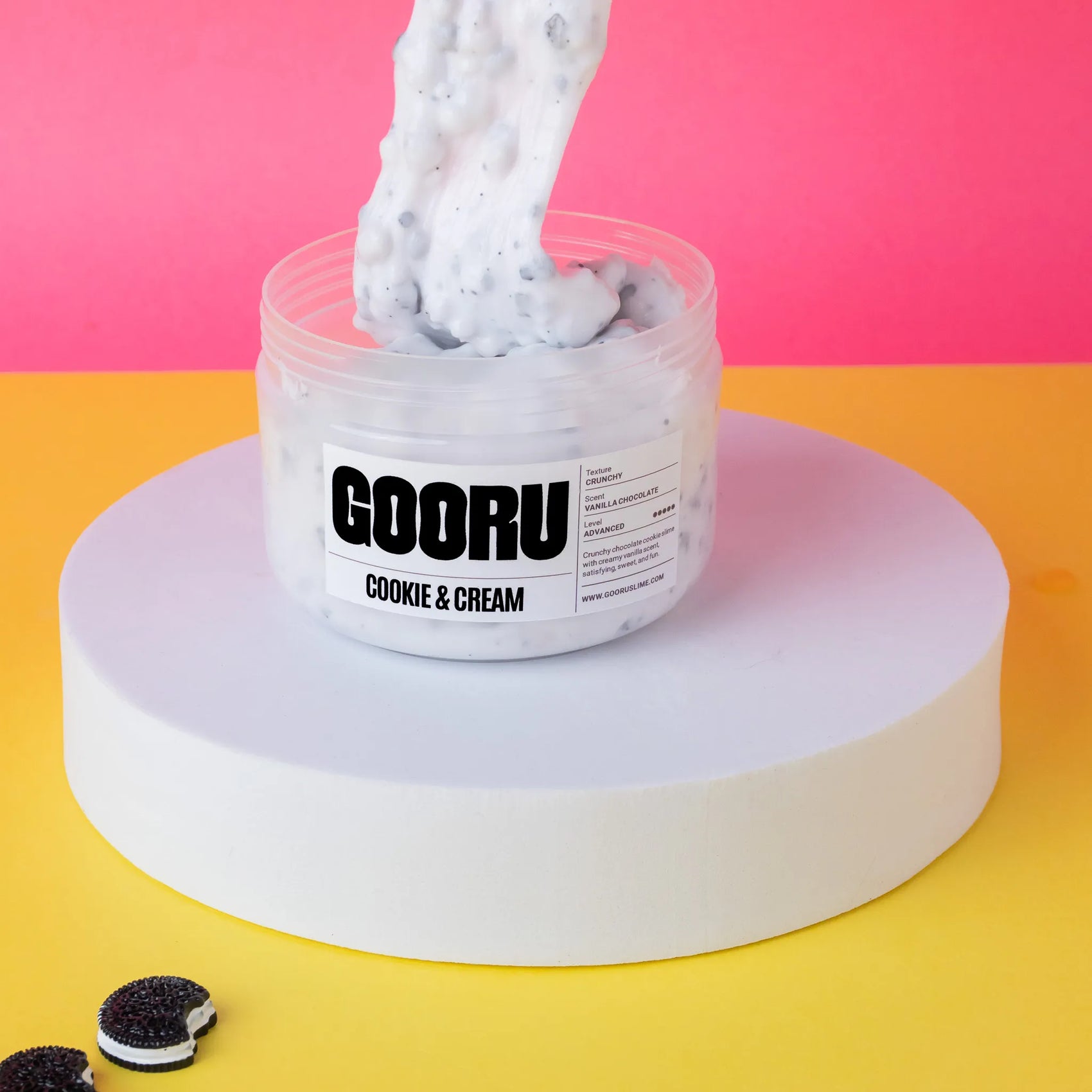 GOORU Cookie & Cream slime product on a colorful background