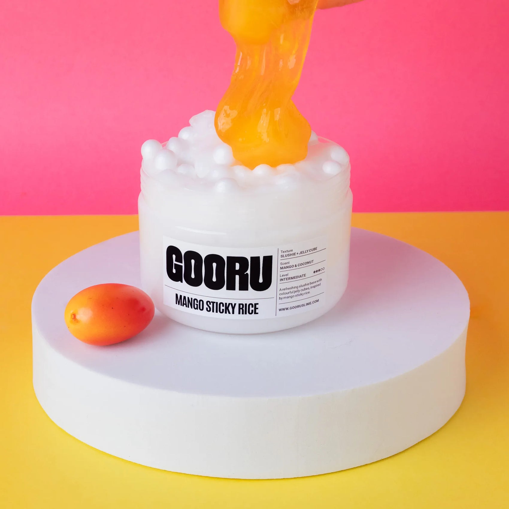 GOORU Mango Sticky Rice slime on a colorful background