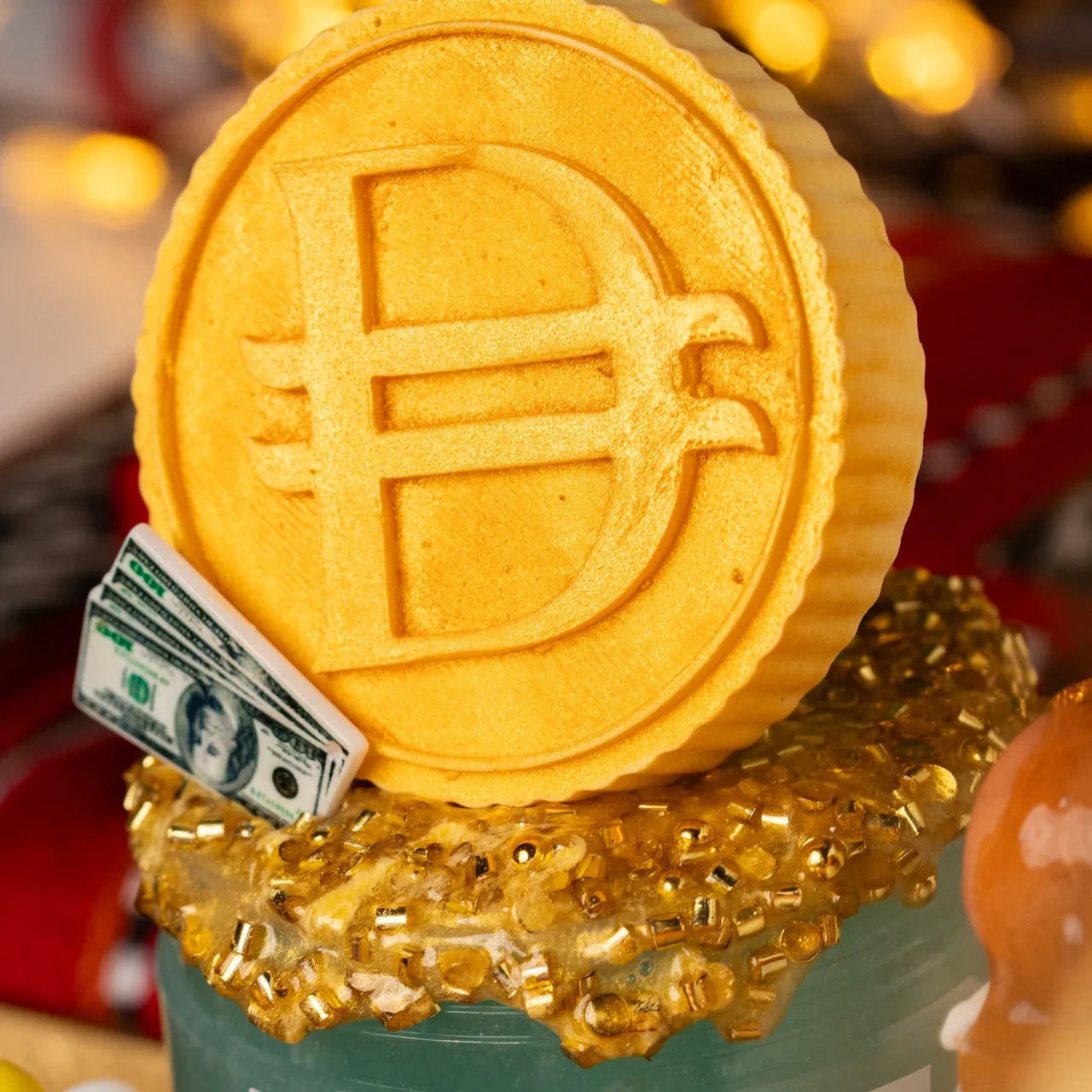 Eid Treasure by Gooru Slime: clear and clay slime with golden glitter bingsu and a dirham coin topper. Handmade in the UAE.