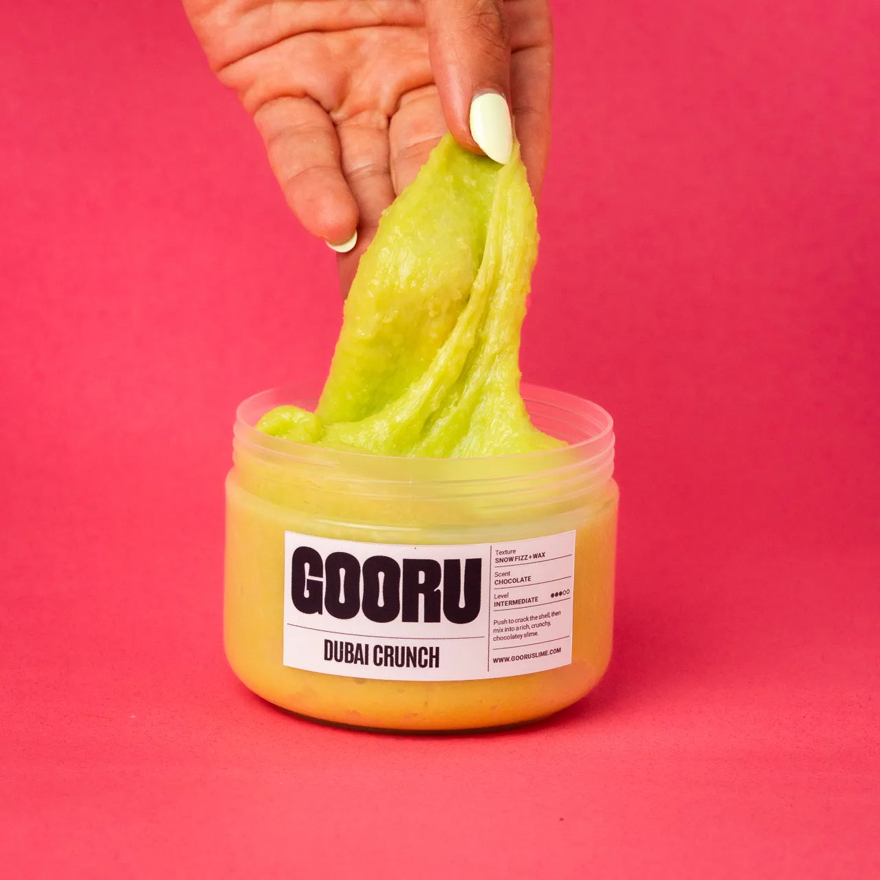 Dubai Crunch by Gooru Slime: crackable chocolate-shell slime with an airy, crunchy base. Handmade in the UAE.