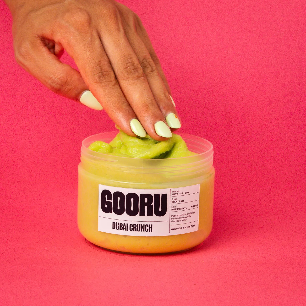 Dubai Crunch by Gooru Slime: crackable chocolate-shell slime with an airy, crunchy base. Handmade in the UAE.