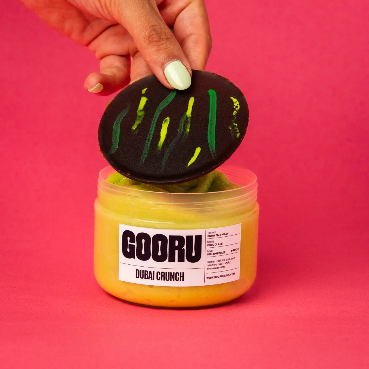 Dubai Crunch by Gooru Slime: crackable chocolate-shell slime with an airy, crunchy base. Handmade in the UAE.