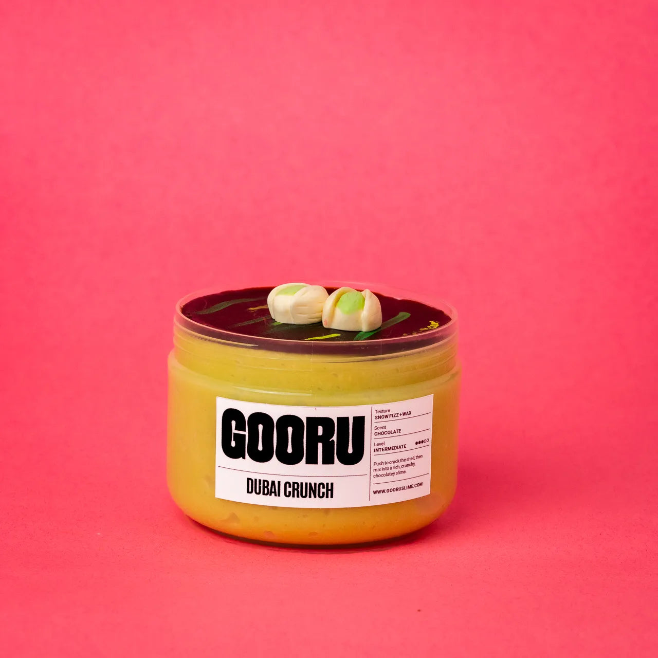 Dubai Crunch by Gooru Slime: crackable chocolate-shell slime with an airy, crunchy base. Handmade in the UAE.