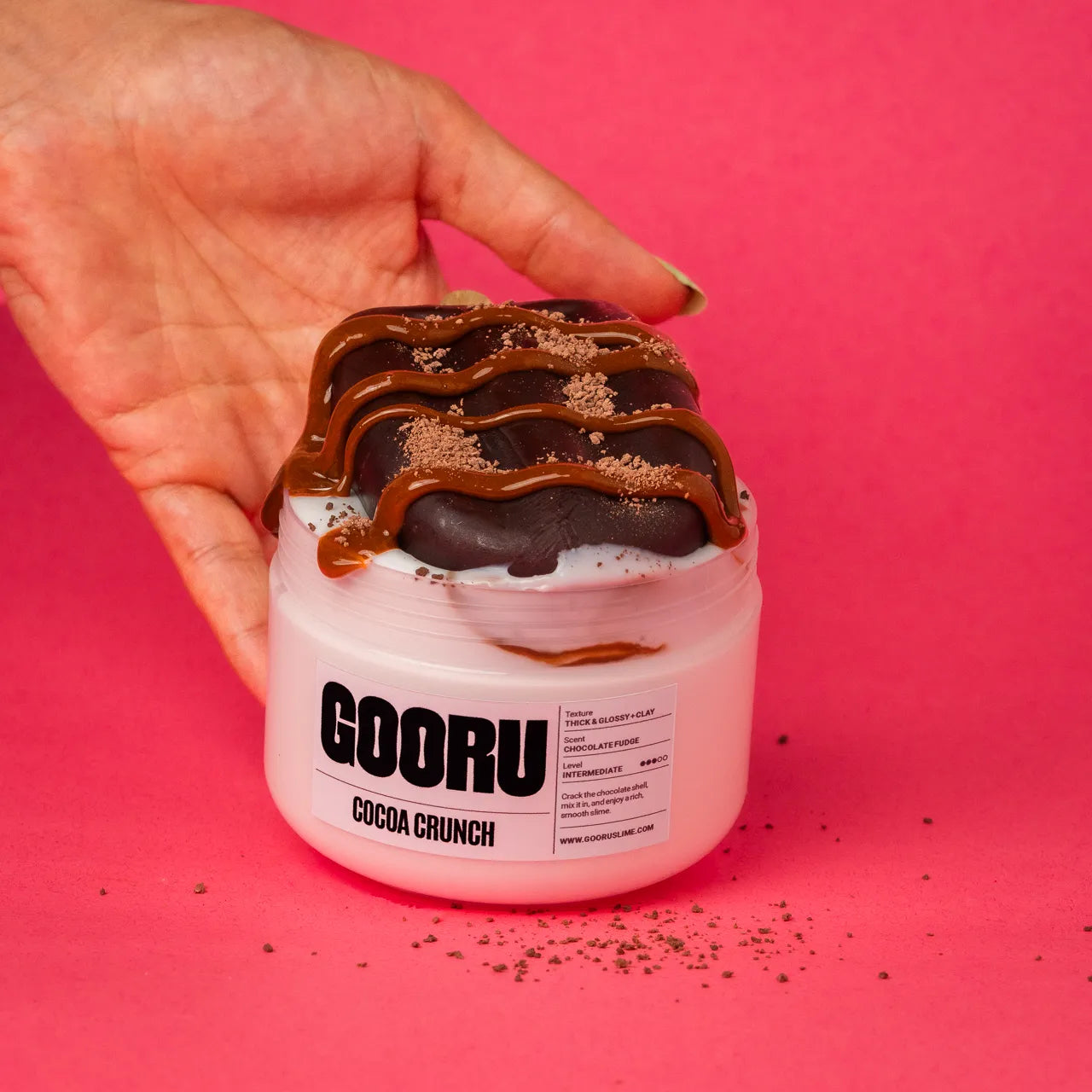 Cocoa Crunch by Gooru Slime: crackable chocolate-shell slime with a rich, glossy base. Handmade in the UAE.