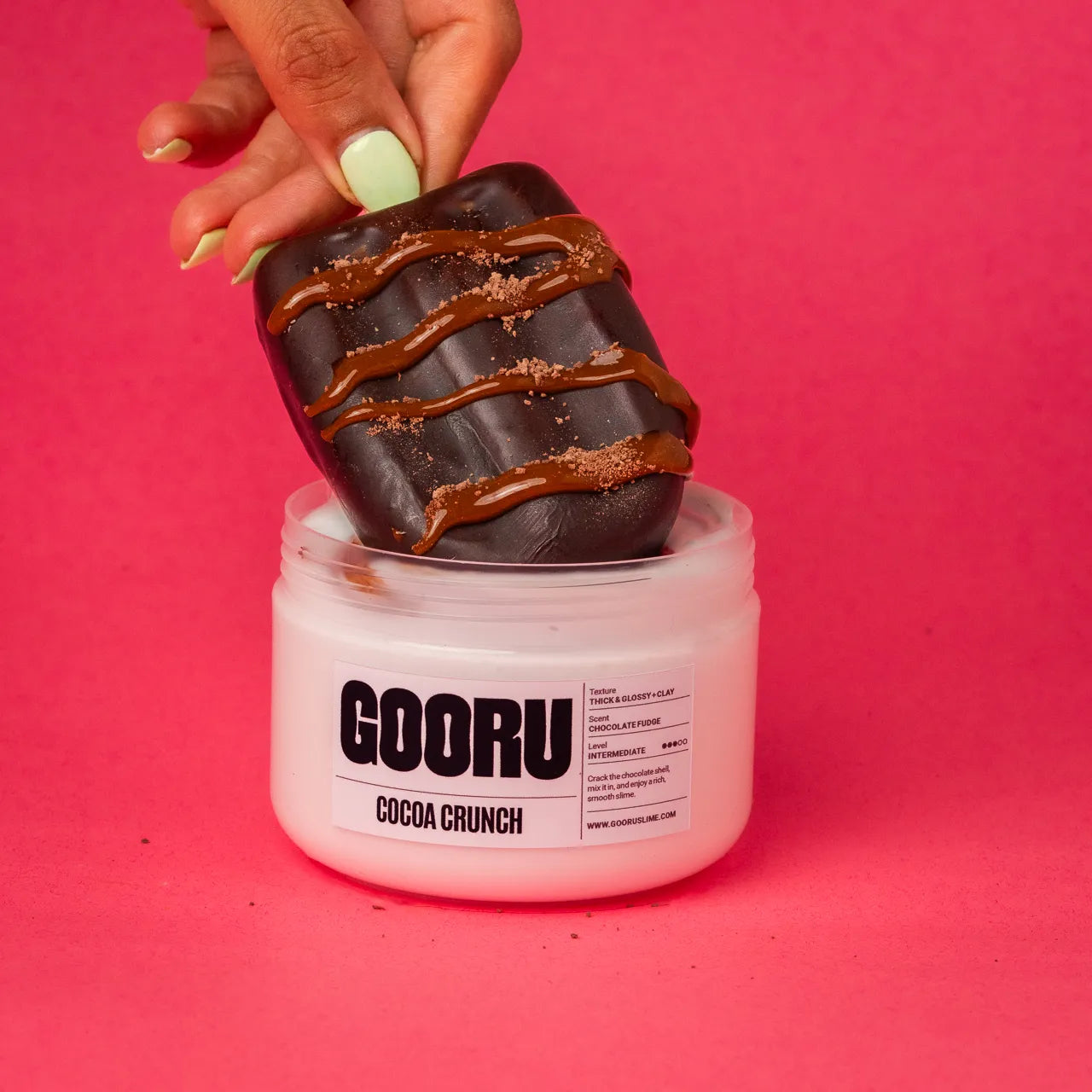 Cocoa Crunch by Gooru Slime: crackable chocolate-shell slime with a rich, glossy base. Handmade in the UAE.