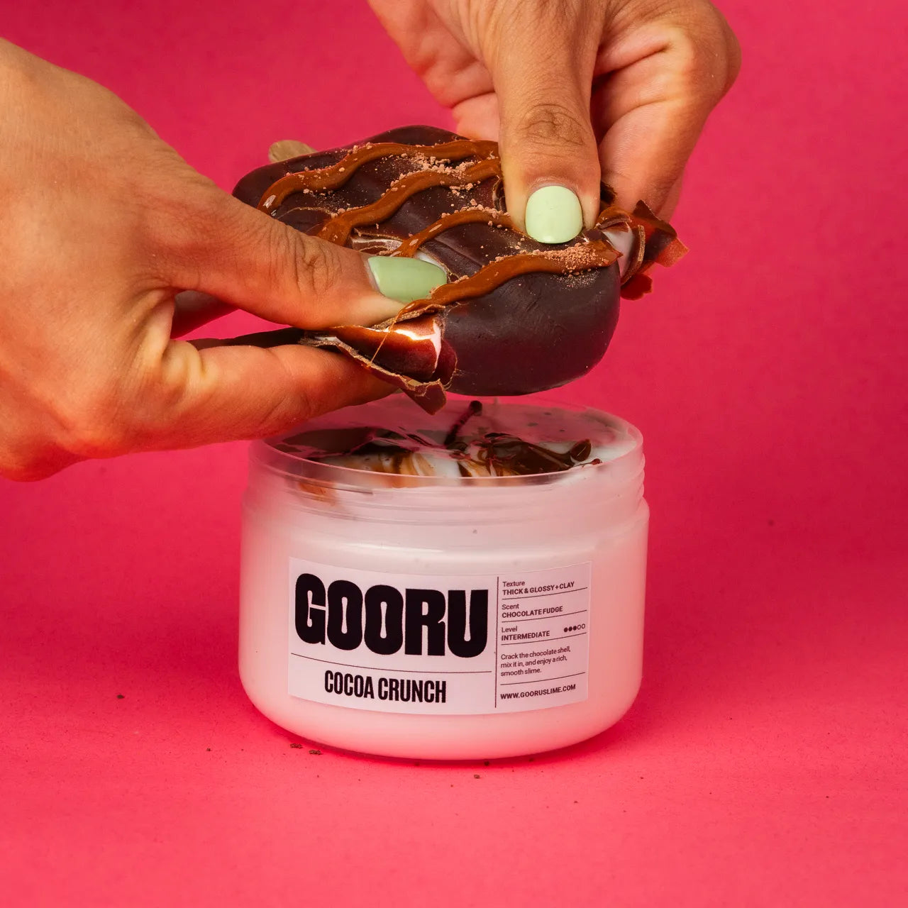 Cocoa Crunch by Gooru Slime: crackable chocolate-shell slime with a rich, glossy base. Handmade in the UAE.