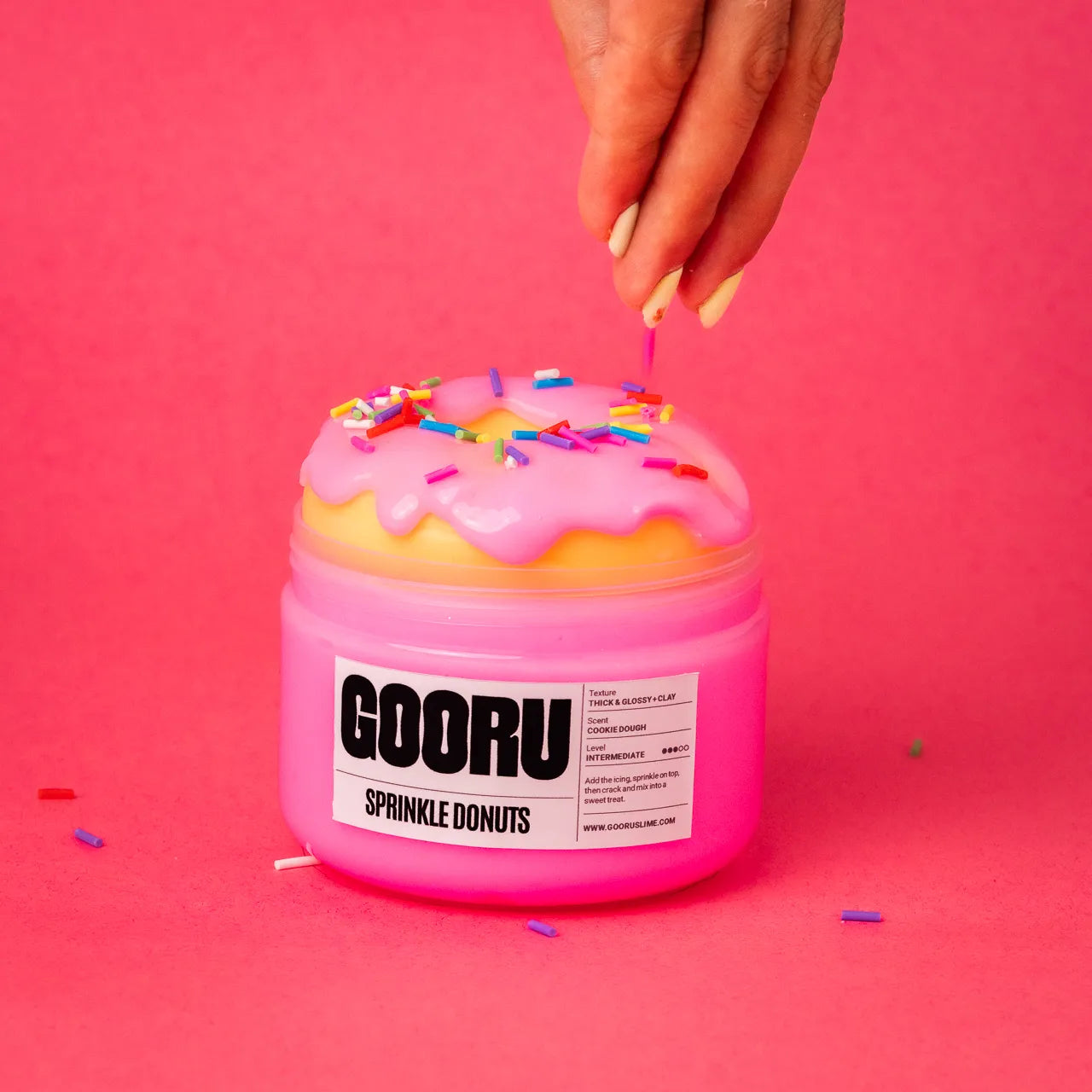 Sprinkle Donuts by Gooru Slime: hands-on slime with glossy icing, a donut, and colorful sprinkles. Handmade in the UAE.