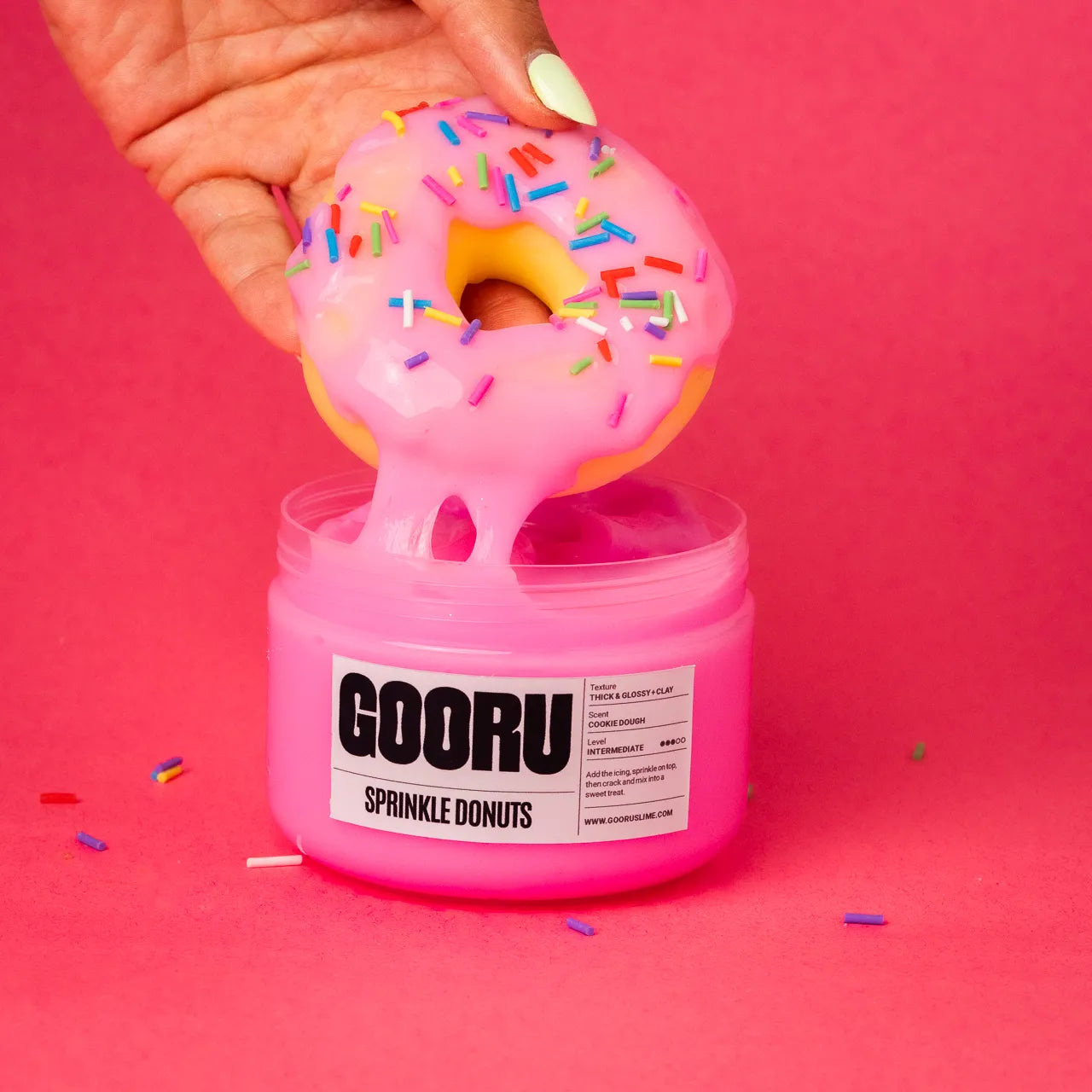 Sprinkle Donuts by Gooru Slime: hands-on slime with glossy icing, a donut, and colorful sprinkles. Handmade in the UAE.