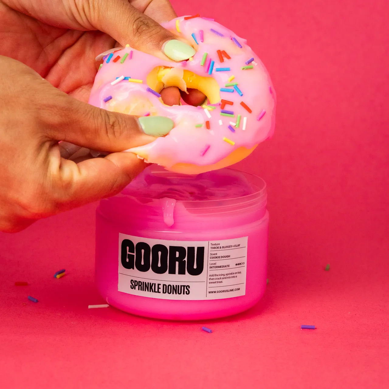 Sprinkle Donuts by Gooru Slime: hands-on slime with glossy icing, a donut, and colorful sprinkles. Handmade in the UAE.