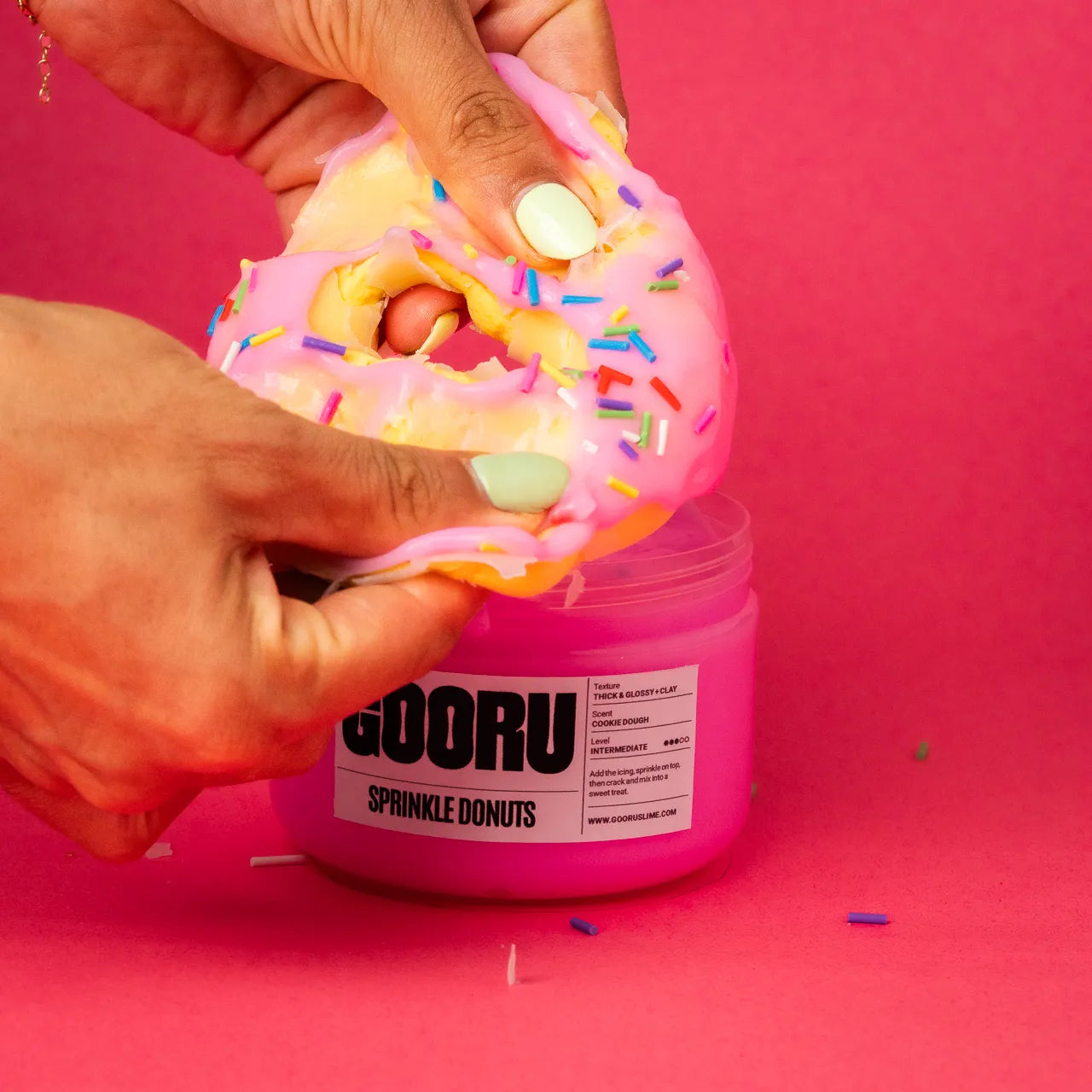 Sprinkle Donuts by Gooru Slime: hands-on slime with glossy icing, a donut, and colorful sprinkles. Handmade in the UAE.