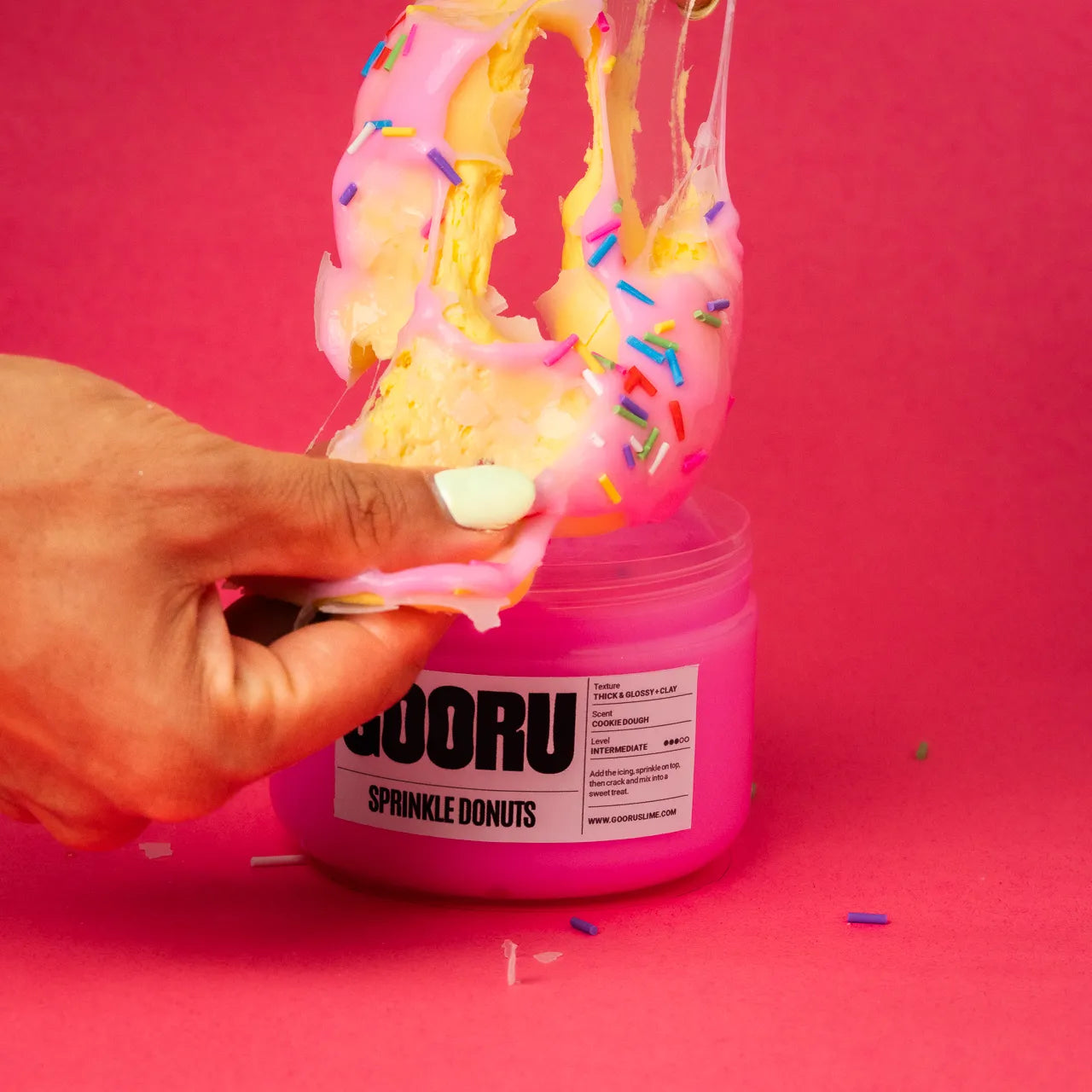 Sprinkle Donuts by Gooru Slime: hands-on slime with glossy icing, a donut, and colorful sprinkles. Handmade in the UAE.