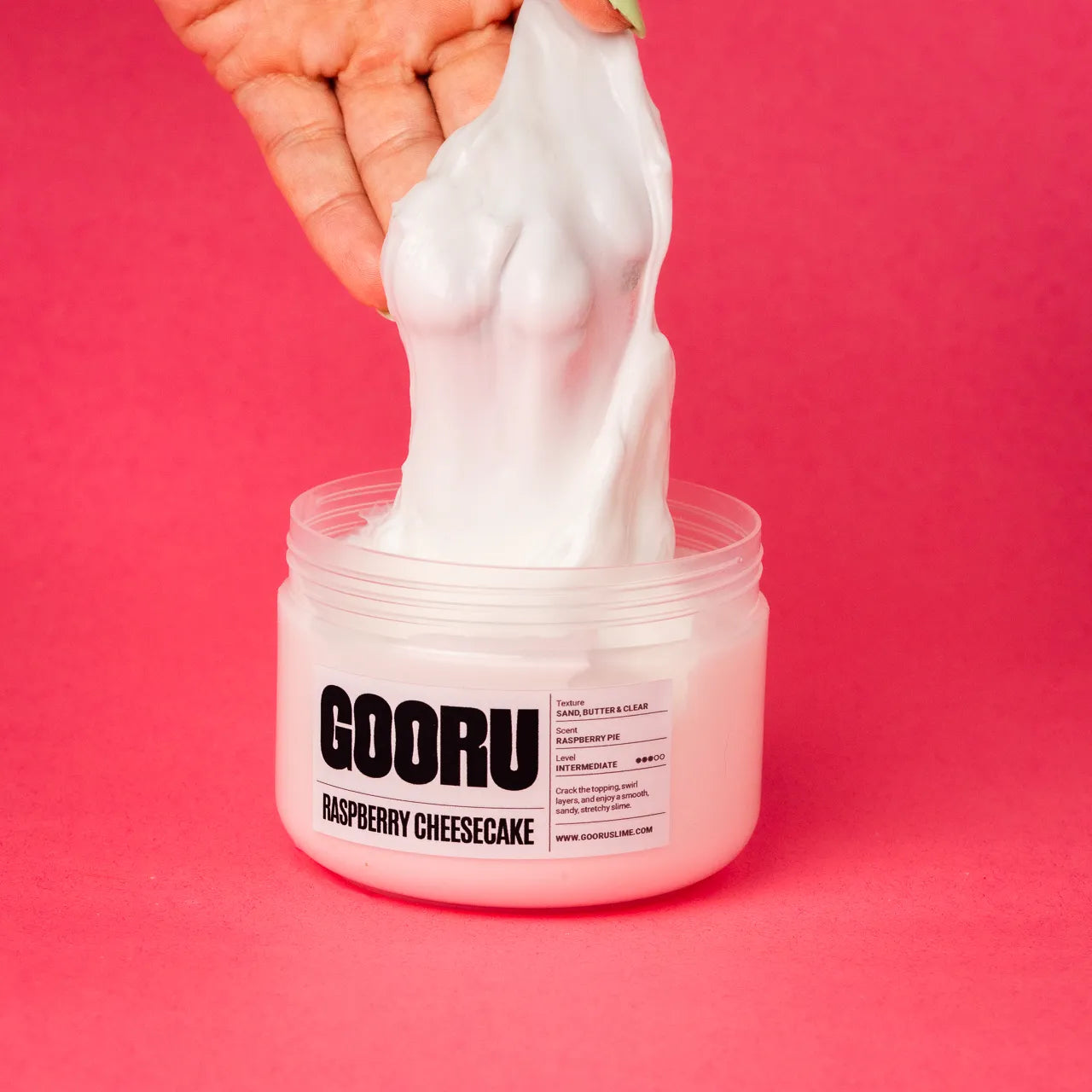 Raspberry Cheesecake by Gooru Slime: crackable multi-layer slime inspired by a classic dessert. Handmade in the UAE.