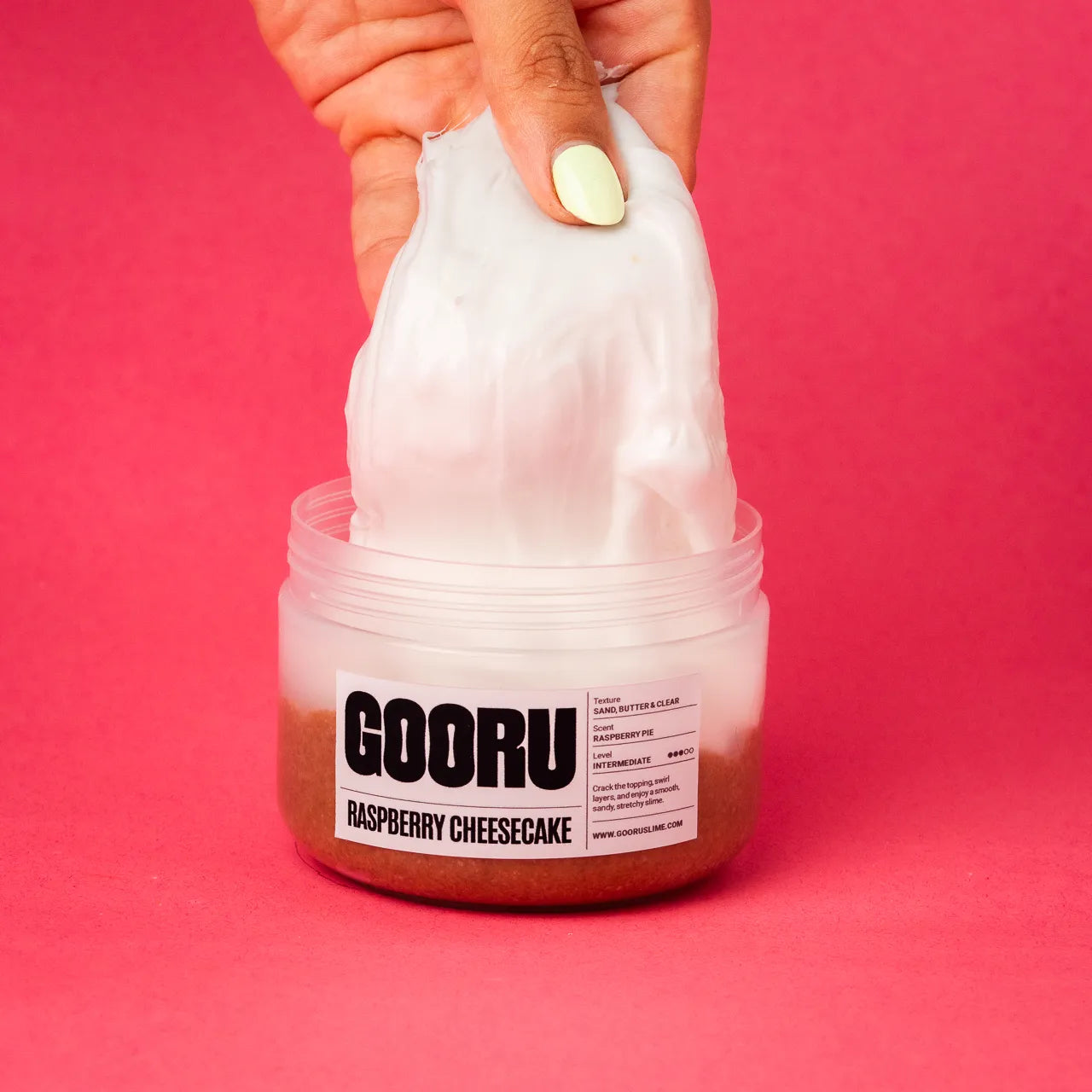 Raspberry Cheesecake by Gooru Slime: crackable multi-layer slime inspired by a classic dessert. Handmade in the UAE.