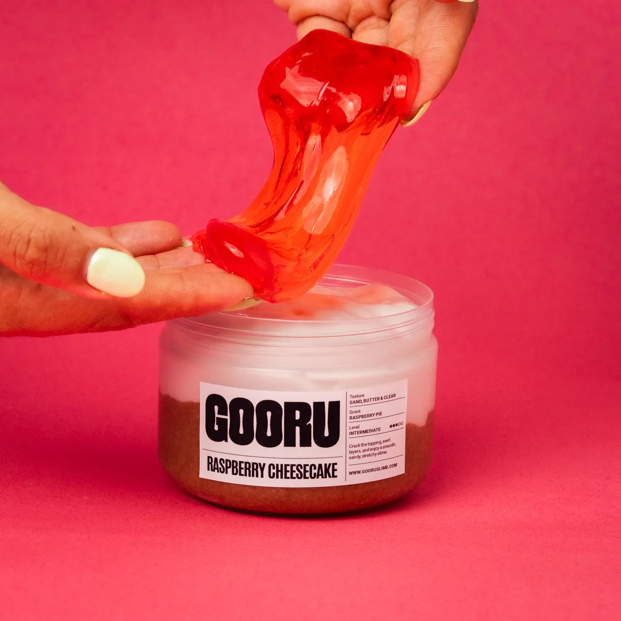 Raspberry Cheesecake by Gooru Slime: crackable multi-layer slime inspired by a classic dessert. Handmade in the UAE.