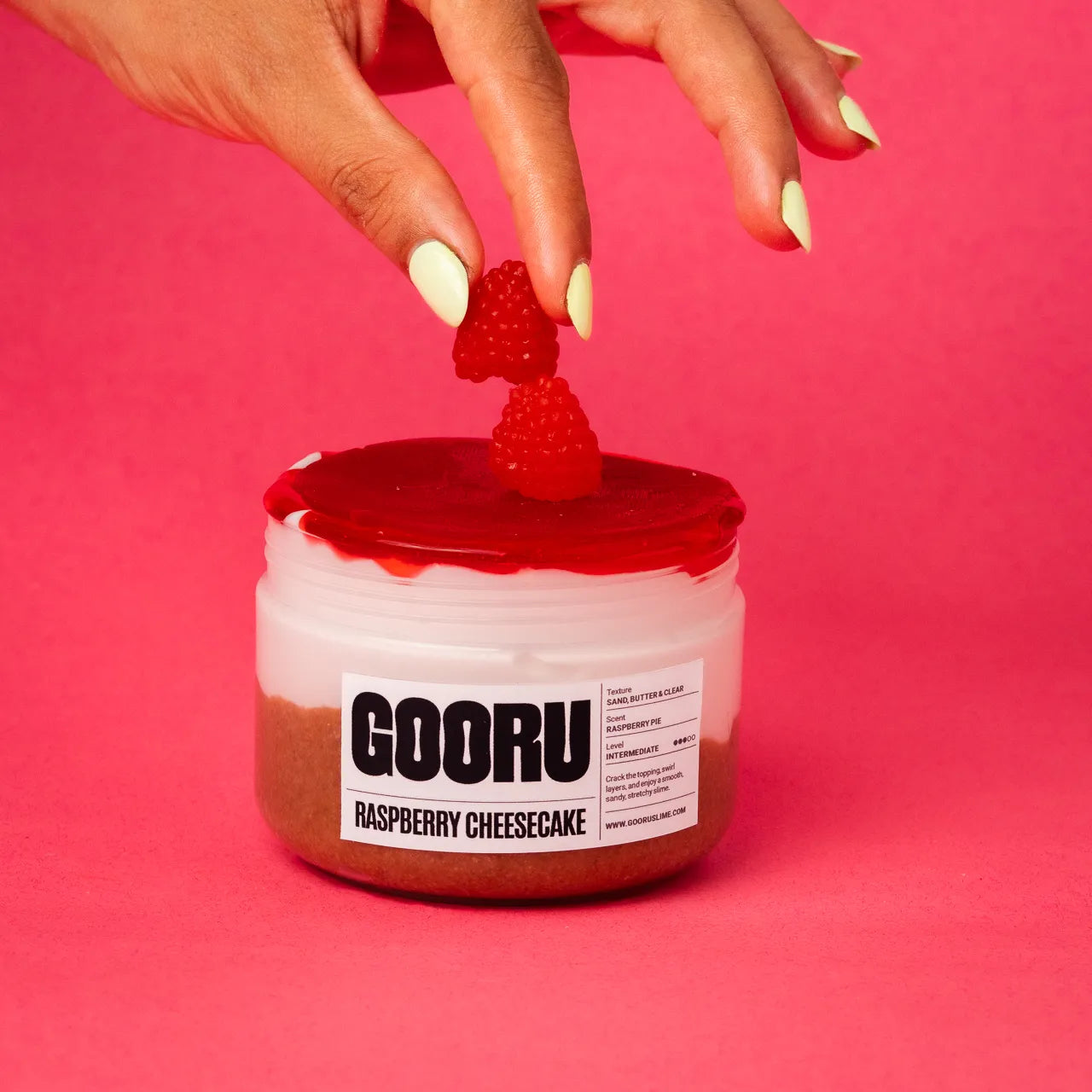 Raspberry Cheesecake by Gooru Slime: crackable multi-layer slime inspired by a classic dessert. Handmade in the UAE.