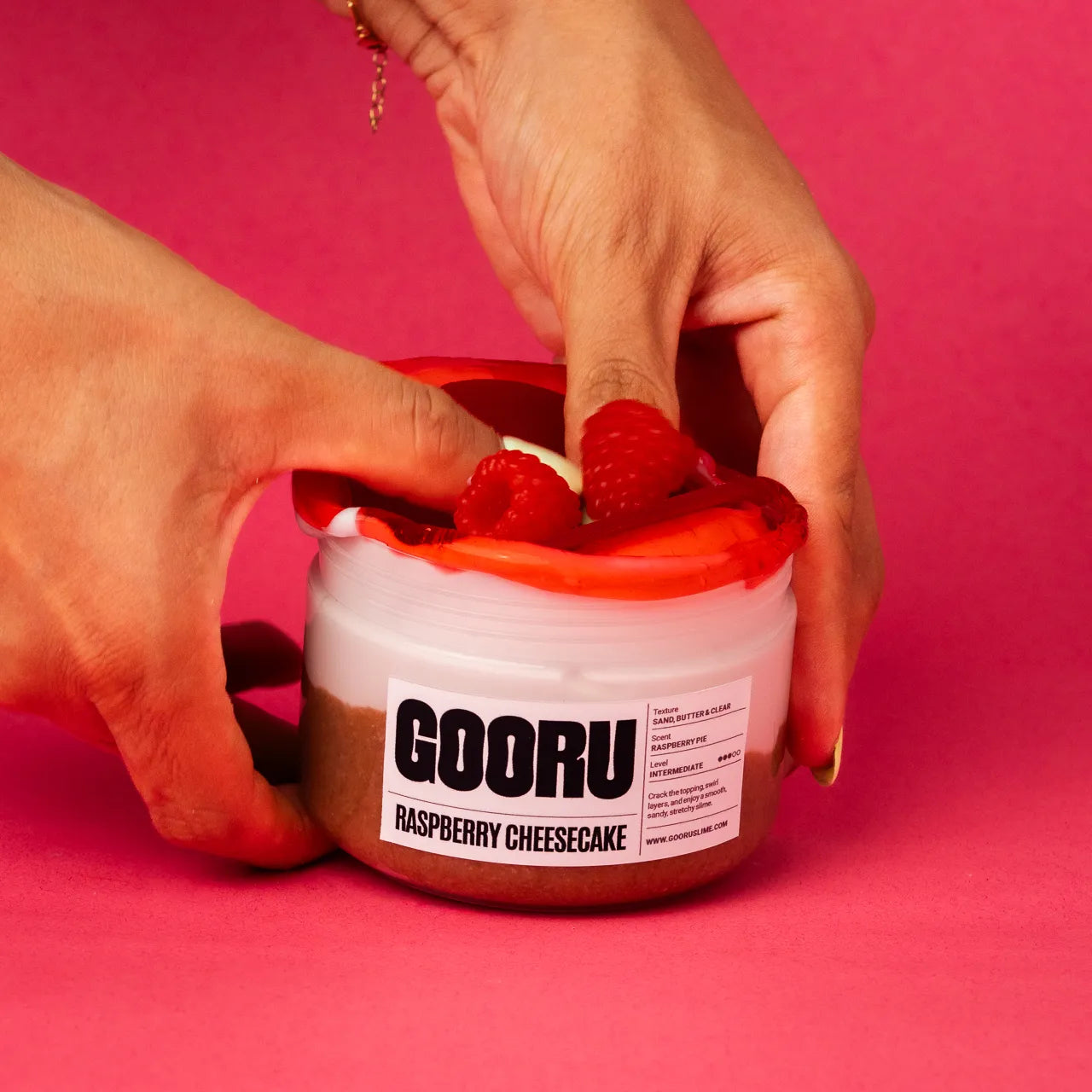 Raspberry Cheesecake by Gooru Slime: crackable multi-layer slime inspired by a classic dessert. Handmade in the UAE.
