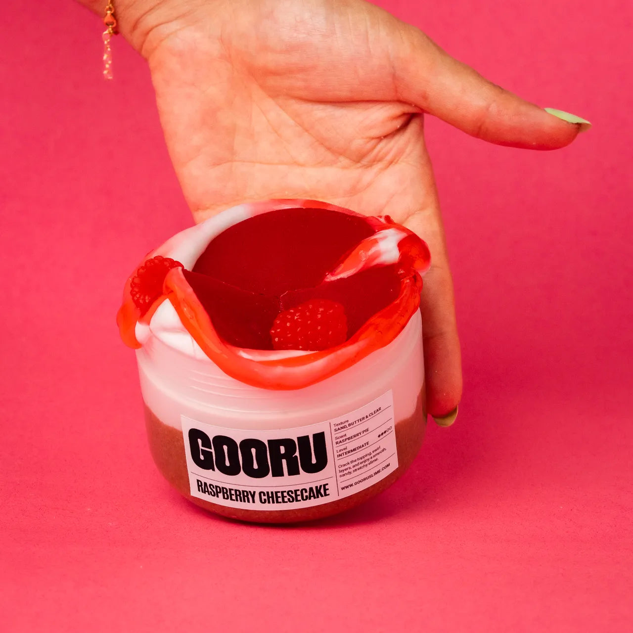 Raspberry Cheesecake by Gooru Slime: crackable multi-layer slime inspired by a classic dessert. Handmade in the UAE.