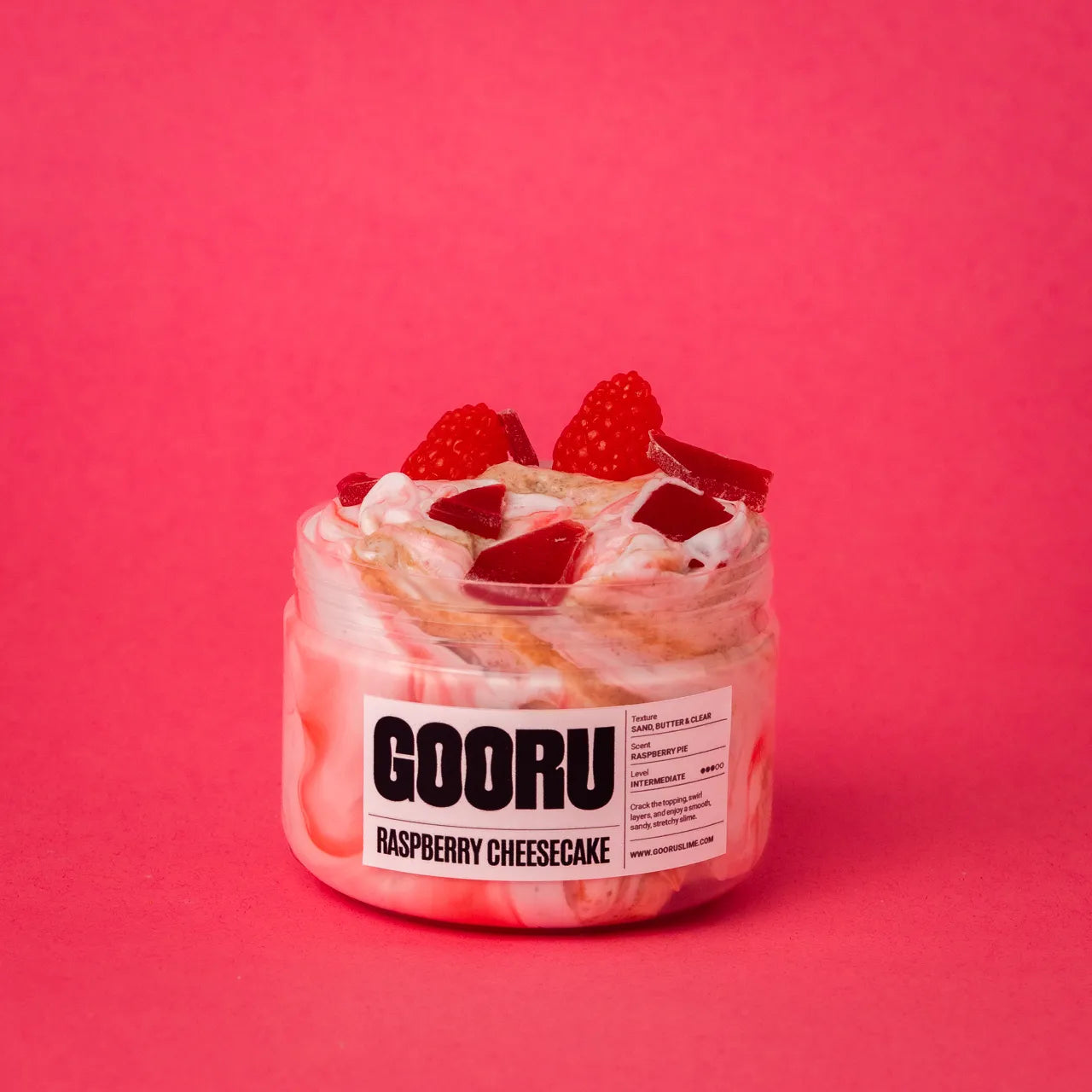 Raspberry Cheesecake by Gooru Slime: crackable multi-layer slime inspired by a classic dessert. Handmade in the UAE.