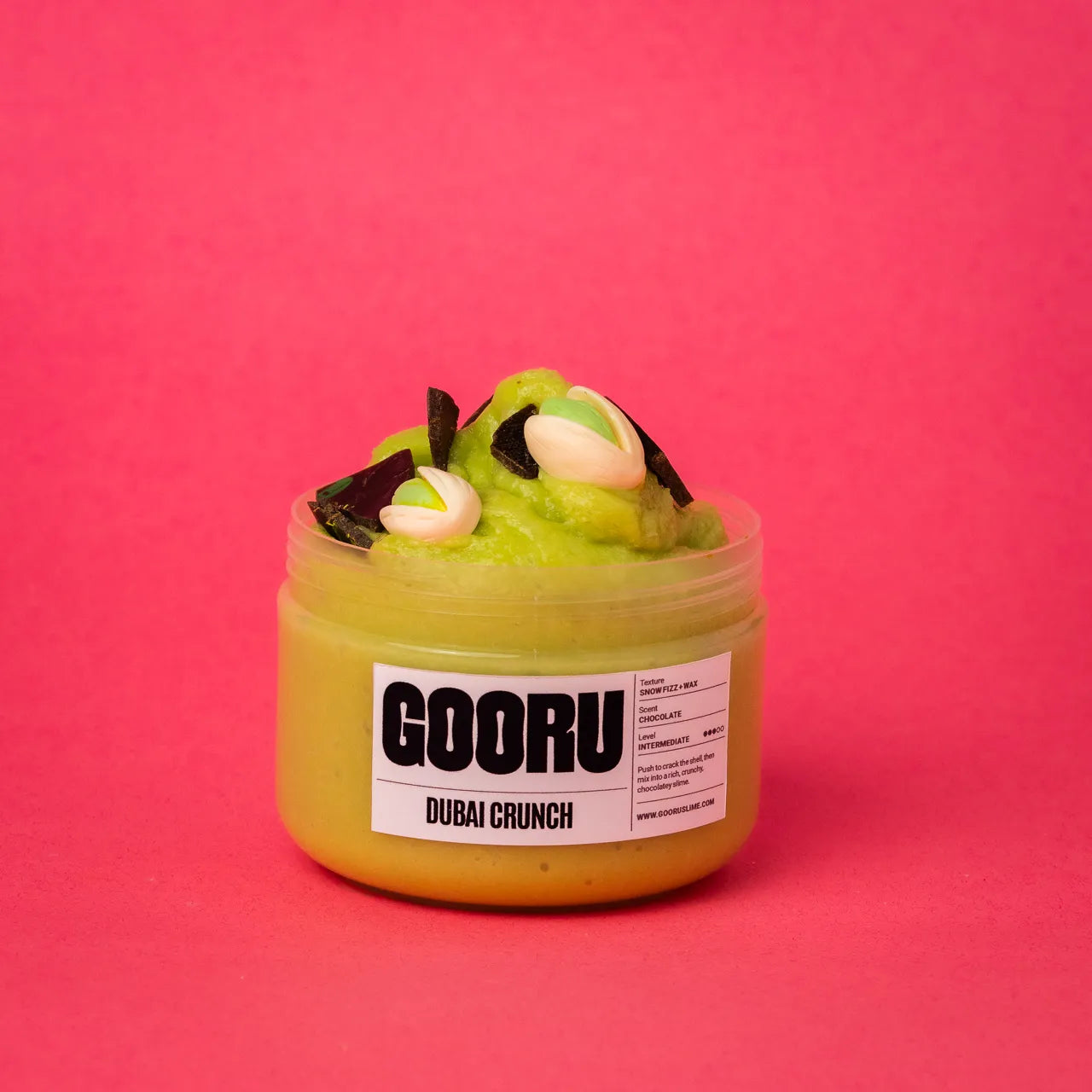Dubai Crunch by Gooru Slime: crackable chocolate-shell slime with an airy, crunchy base. Handmade in the UAE.