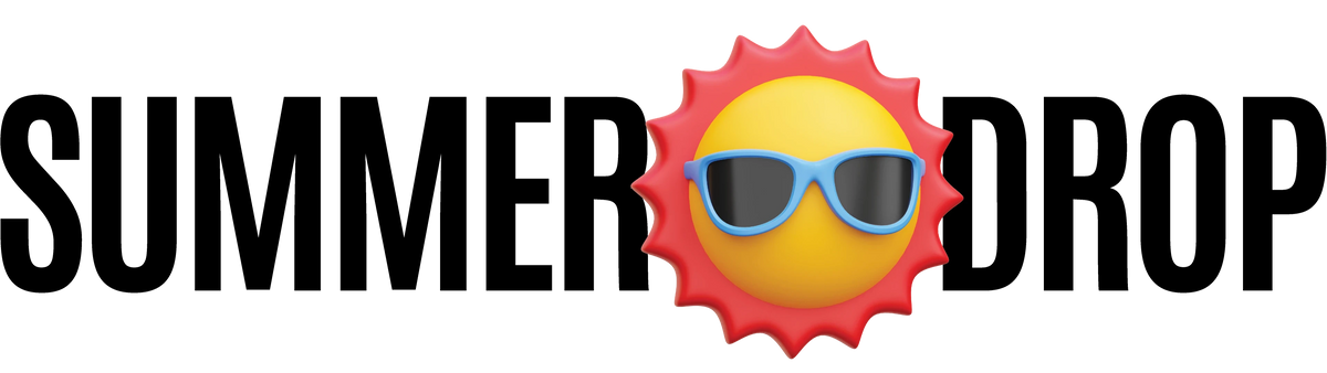 Logo with 'Summer Drop' text and a sun emoji wearing sunglasses on a white background